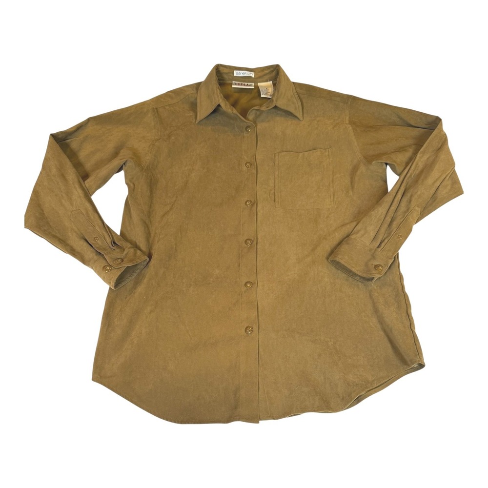 Bill Blass‎ Stretch Button Down Shirt Medium Brown 90s Minimalist Career Top